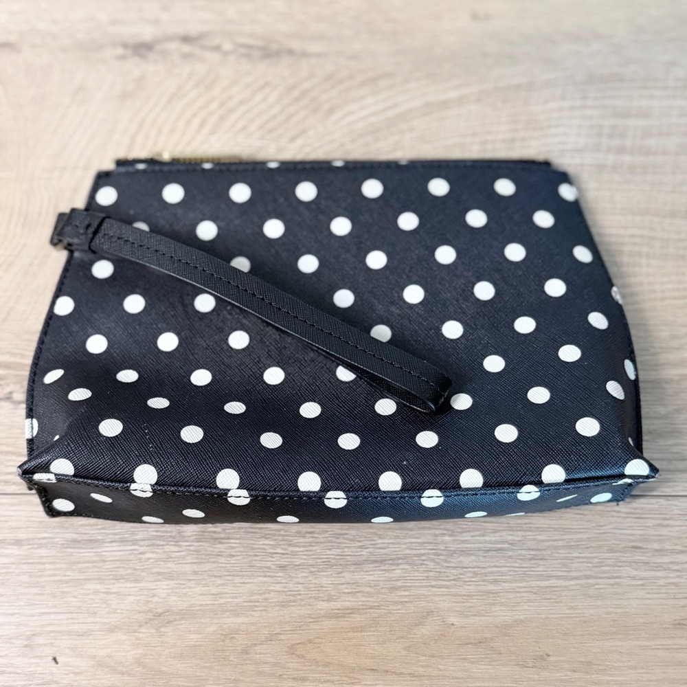 Talbots Wristlet Pouch Womens OS Black White Polka Dot Saffiano Faux Leather Zip